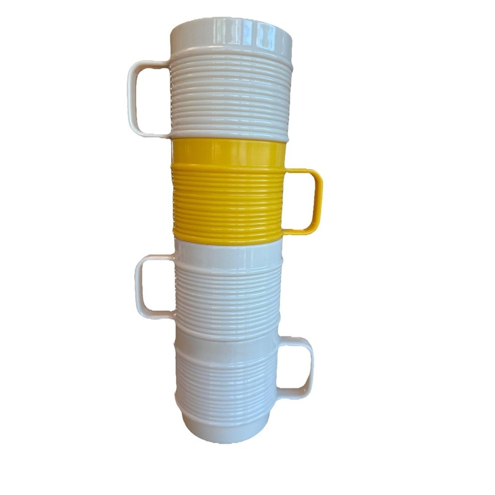 Vintage Stackable White & Yellow Rubbermaid Cups Handles Set Of 4 Mugs Camping‎